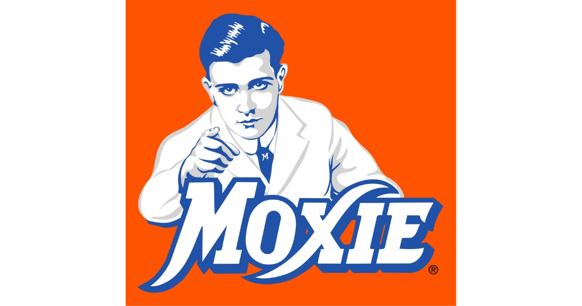 Moxie Moxie logo with the pointing man in white coat on orange
