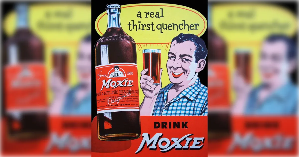 Moxie Vintage Drink Moxie sign of a man raising a glass beside the bottle
