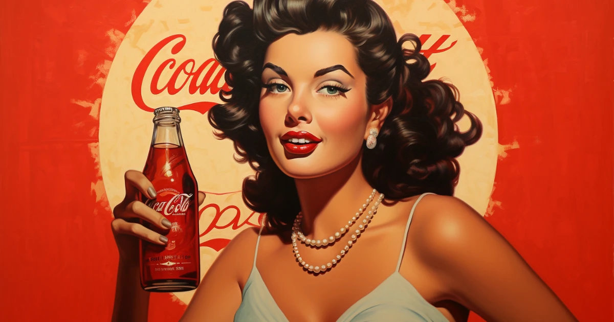 Retro pin-up holding a Coca-Cola bottle © History Oasis Retro pin-up illustration of a woman holding a Coca-Cola bottle