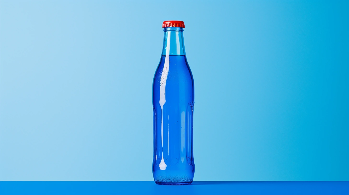 Unlabeled blue glass soda bottle © History Oasis Unlabeled blue glass soda bottle with red cap