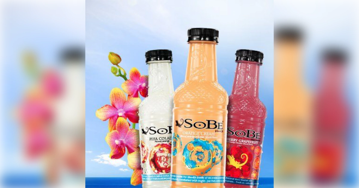SoBe bottles in Piña Colada, Orange Cream and Berry Grapefruit flavors