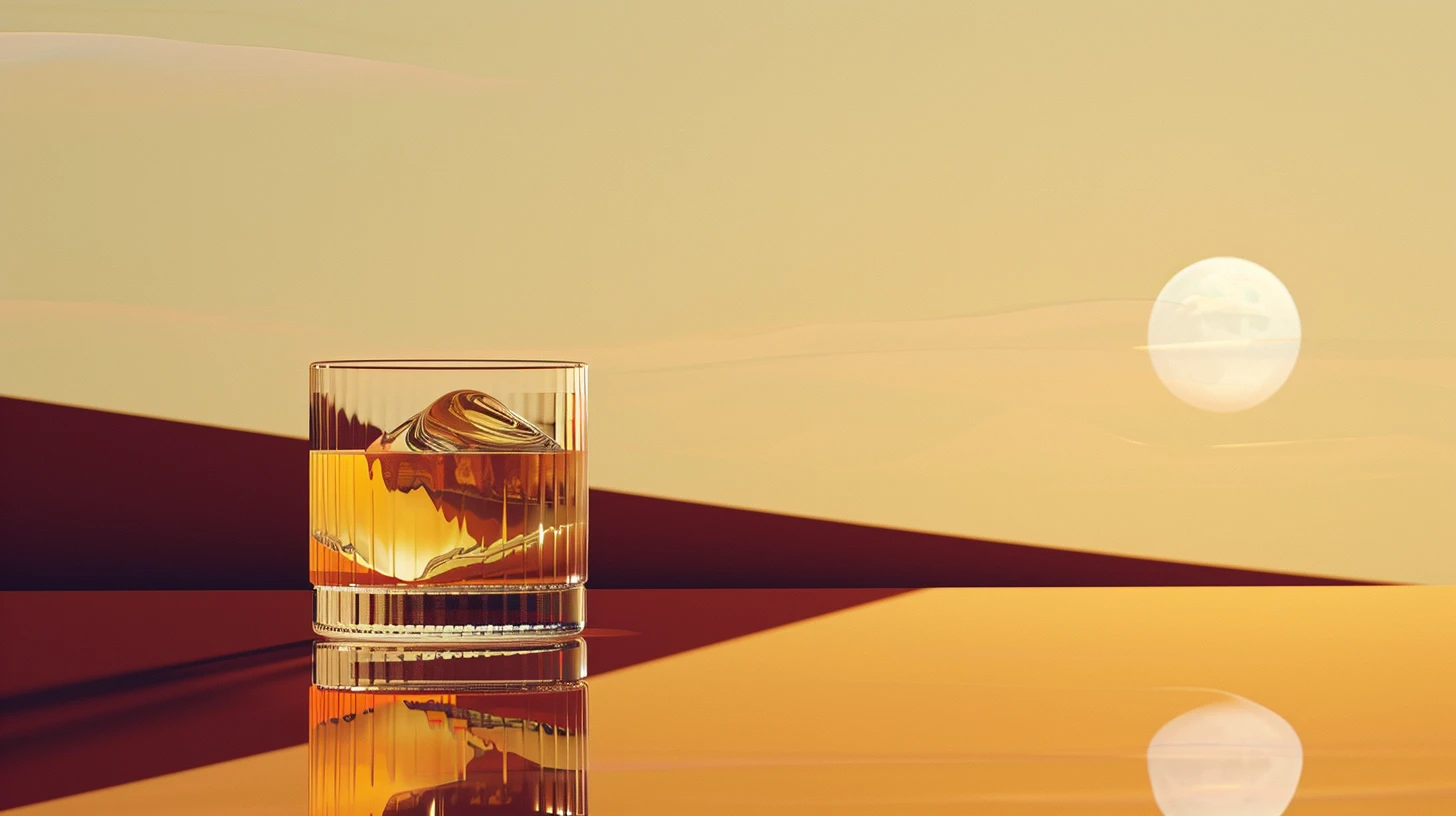 Glass of amber whiskey over ice against a sunset backdrop