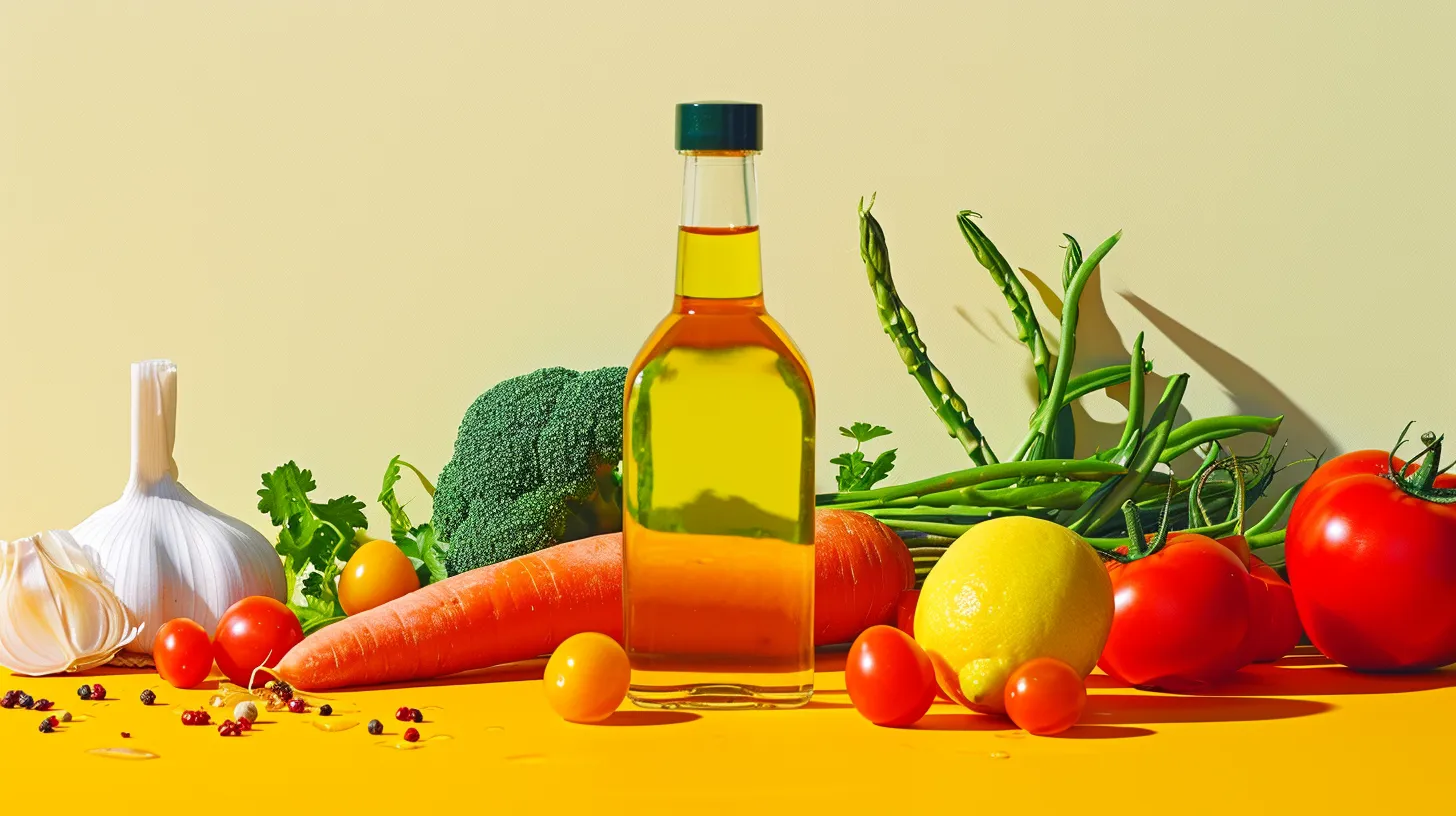 Bottle of vegetable oil surrounded by garlic, broccoli, carrots and tomatoes