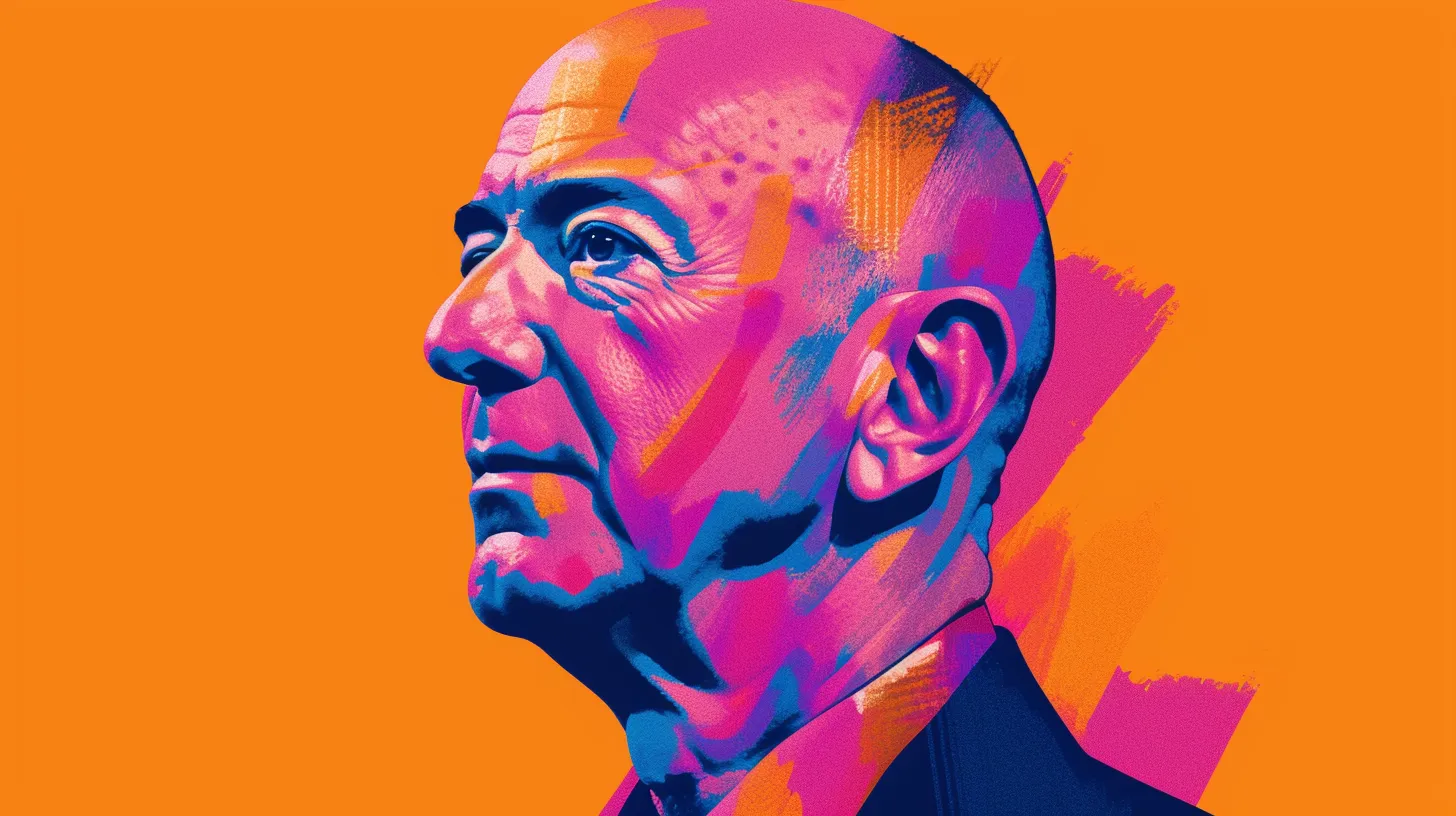 Jeff Bezos profile portrait, bald head, orange and pink