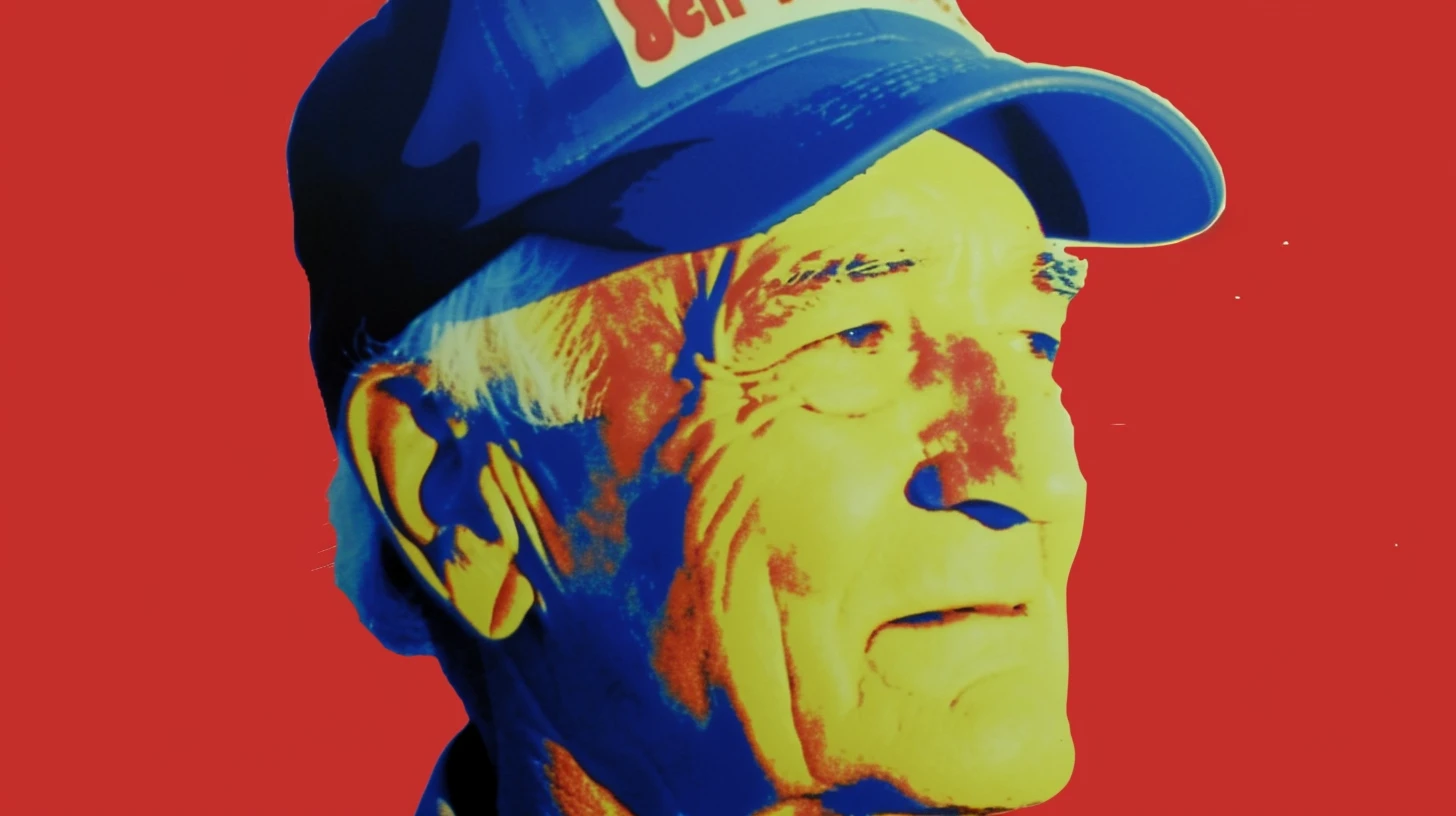 Posterized portrait of Sam Walton in a blue baseball cap