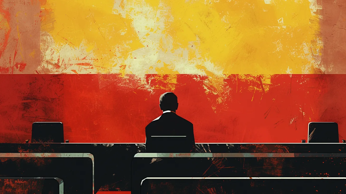 Courtroom illustration © History Oasis Illustration of suited man seated at a courtroom bench