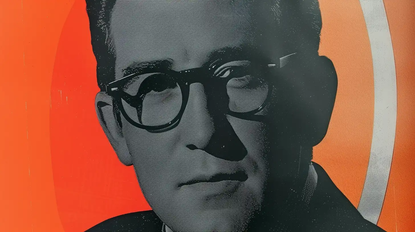 Illustrated portrait © History Oasis Halftone illustrated portrait of a man in round dark glasses