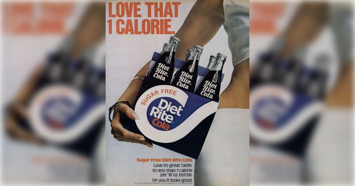 Vintage Sugar Free Diet Rite Cola ad with the slogan Love That 1 Calorie showing a six-pack of glass bottles