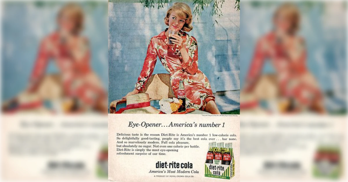 Mid-1960s Diet Rite Cola Eye-Opener ad of a woman in a floral dress drinking a glass of Diet Rite