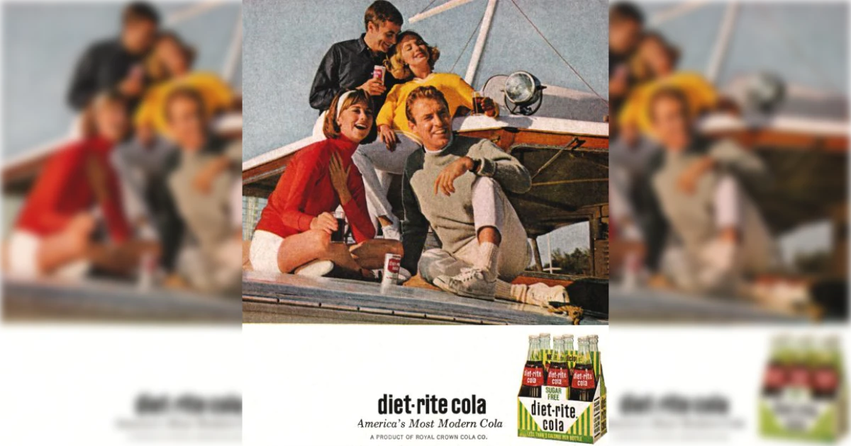 1960s Diet Rite Cola ad of four friends on a sailboat with a six-pack of Sugar Free Diet Rite