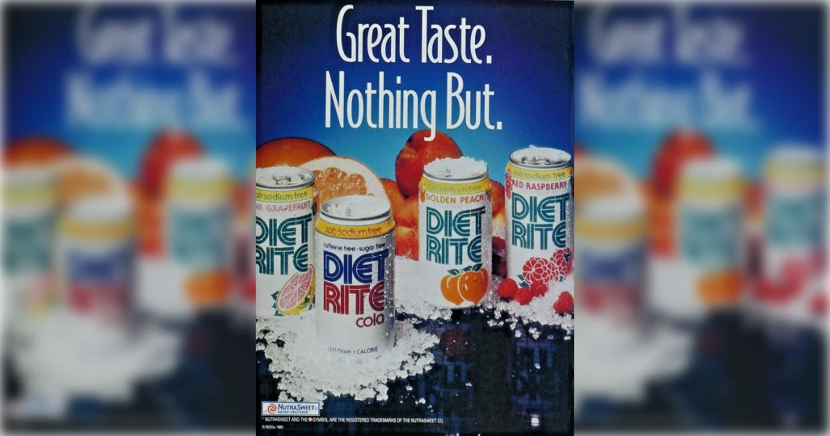 Early 1990s Diet Rite ad with pink grapefruit, cola, golden peach, and red raspberry flavor cans on ice
