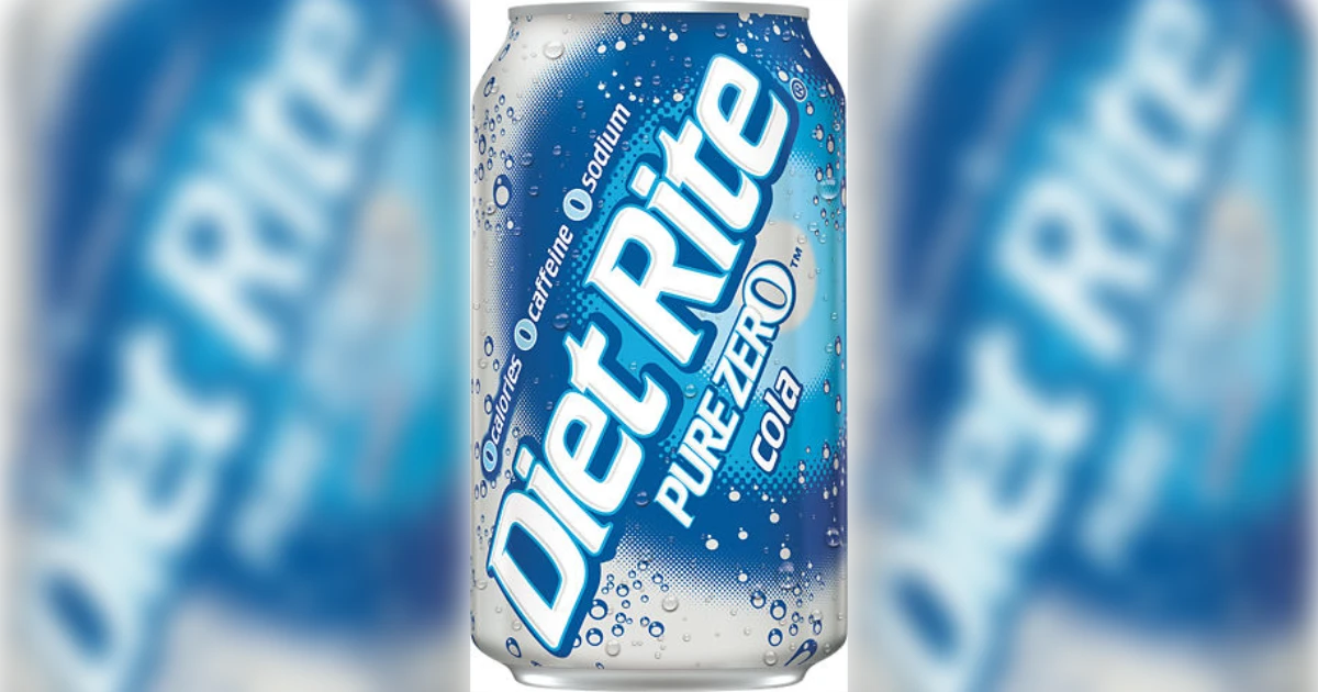 Diet Rite Pure Zero Cola can with zero calories, zero caffeine, and zero sodium callouts on the label