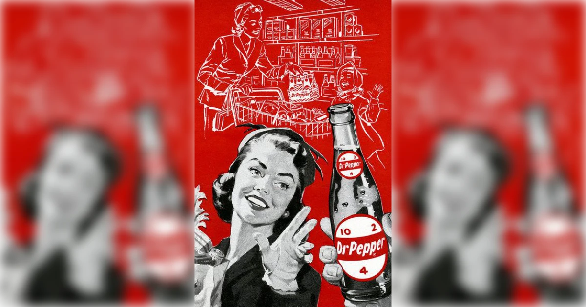 1950s Dr Pepper ad of a smiling woman holding a bottle against a red supermarket scene