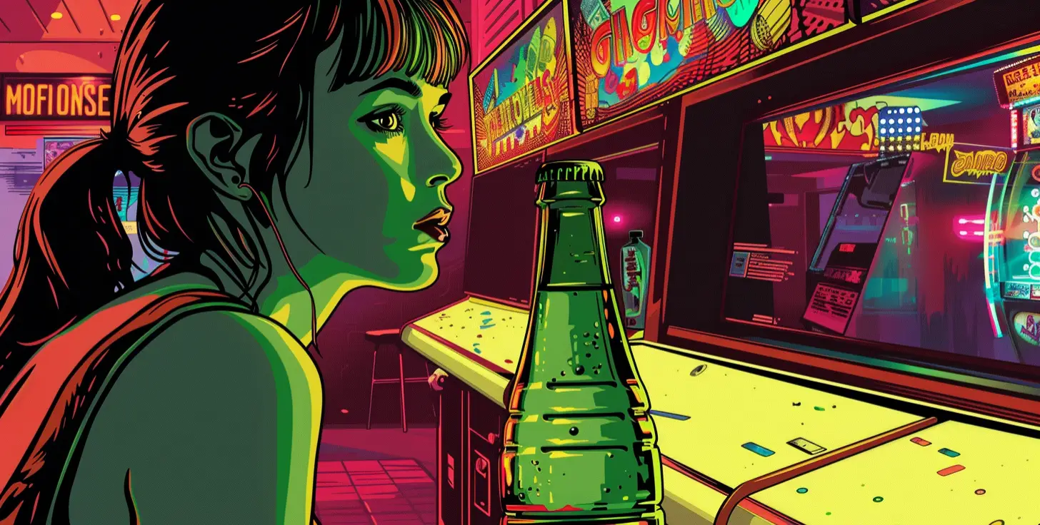 Green Soda Bottle Hot Girl Playing The Arcade