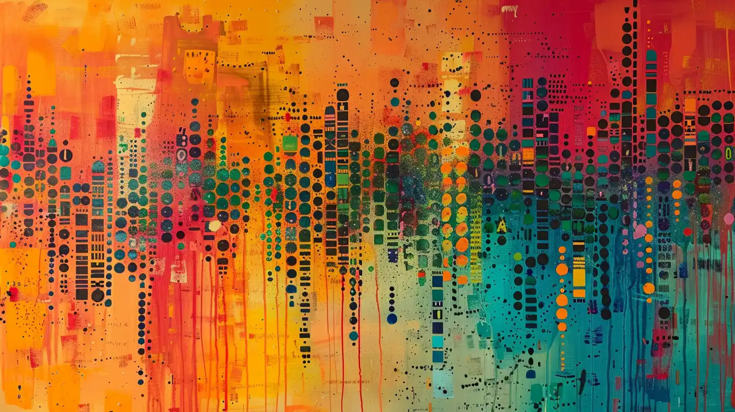 Abstract painting of Morse code dots and dashes in bright colors