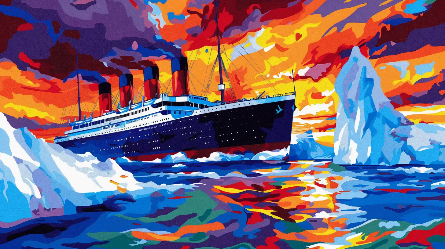 Pop art painting of the Titanic sailing past icebergs at sunset