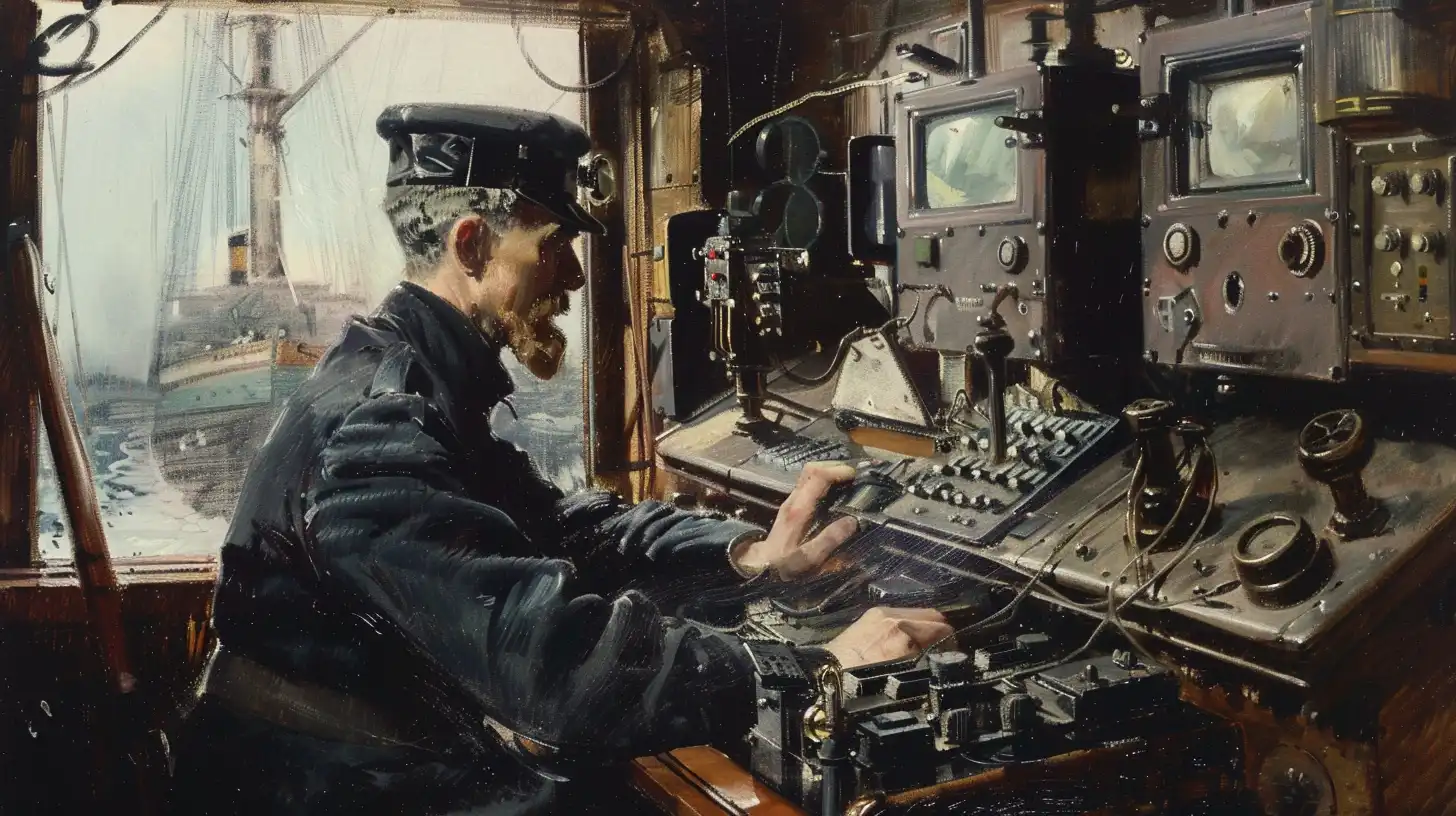 Painting of a uniformed shipboard radio operator at a wireless set
