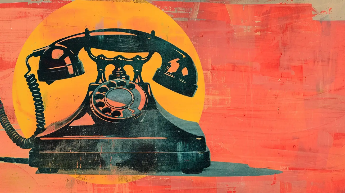 Screen print illustration of a vintage rotary dial telephone
