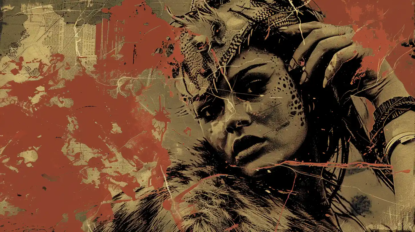 Woman in a fur wrap and feathered headdress in red grunge artwork