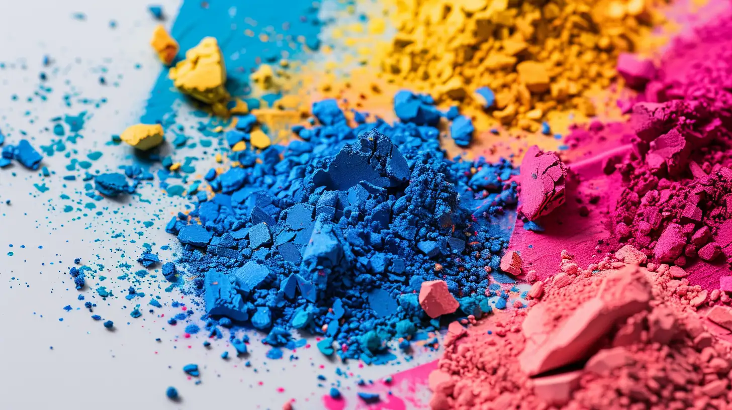 Piles of blue, yellow, and pink powdered pigment