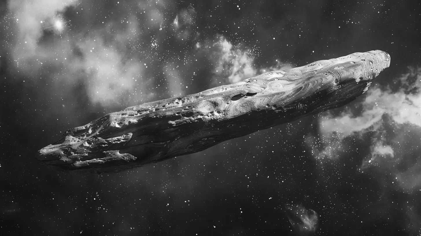 Illustration of the interstellar object Oumuamua © History Oasis Elongated cigar-shaped interstellar object Oumuamua drifting through a starfield