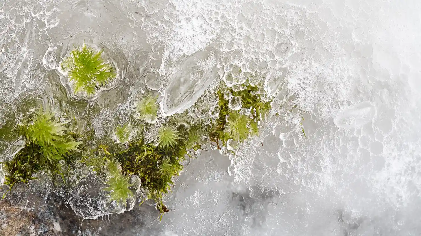 Green moss frozen in ice © History Oasis Green moss frozen under clear bubbled ice on a rock