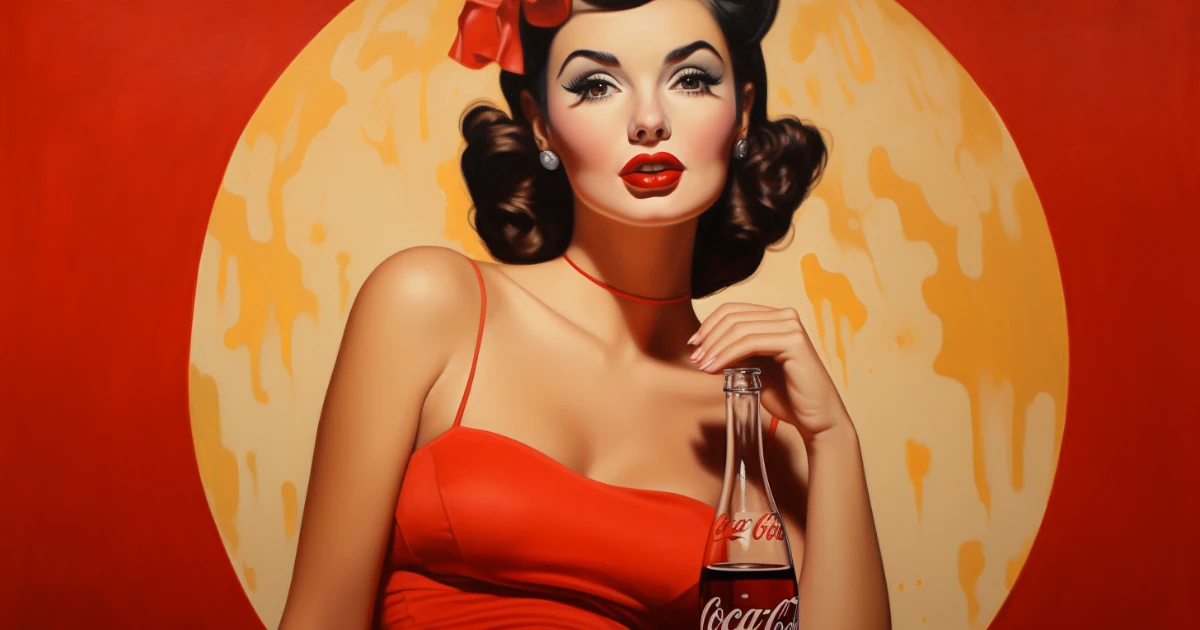 Pin-up illustration with a Coca-Cola bottle © History Oasis Retro pin-up illustration of a woman holding a Coca-Cola bottle