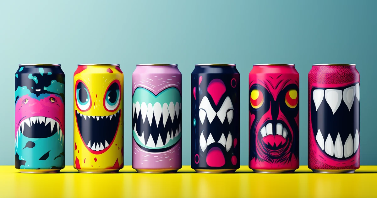 Energy drink cans with monster face artwork © History Oasis Six energy drink cans with cartoon monster face designs