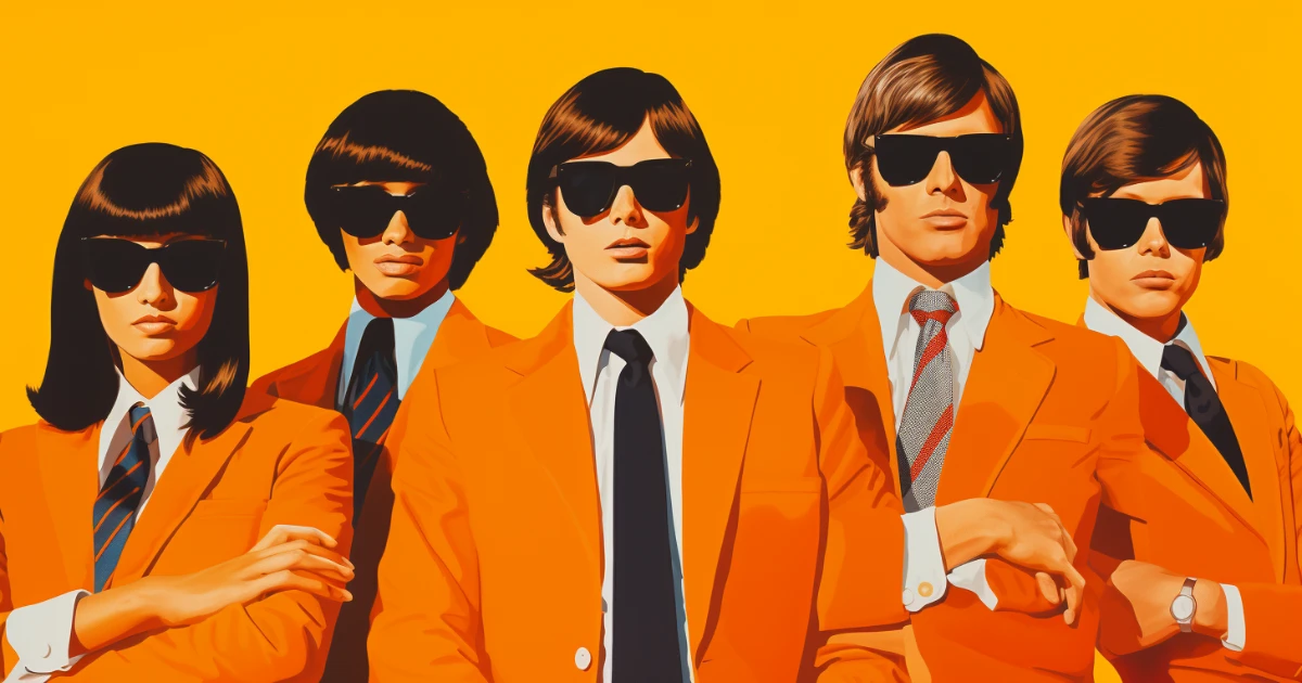Young executives in orange suits © History Oasis Pop art illustration of young executives in orange suits and sunglasses