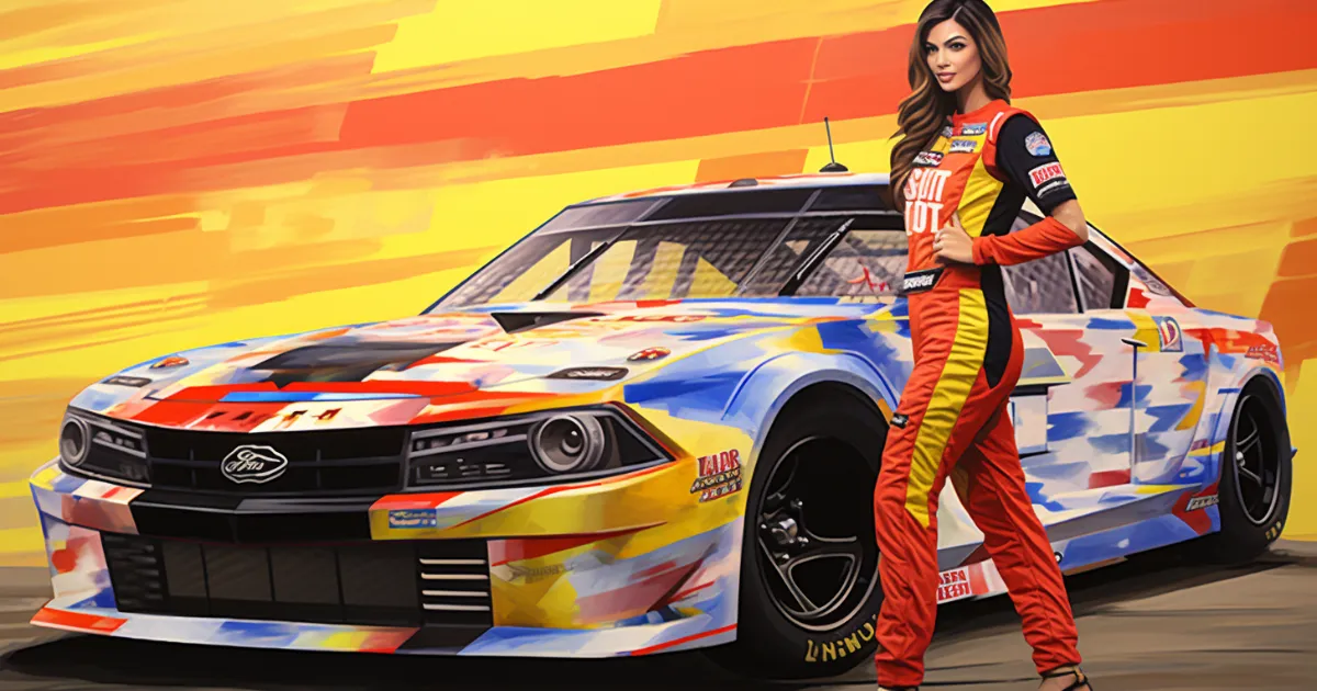NASCAR stock car illustration © History Oasis Painted NASCAR stock car with a woman in a racing suit