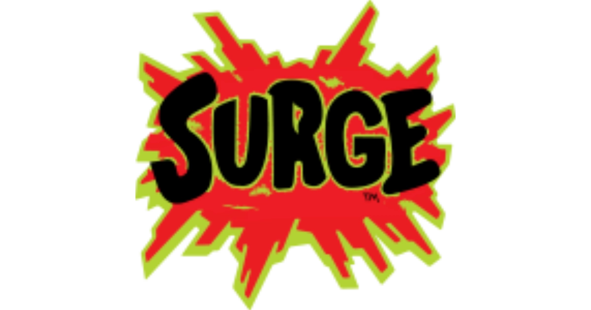 The Coca-Cola Company Surge soda logo with black lettering on red and green starburst