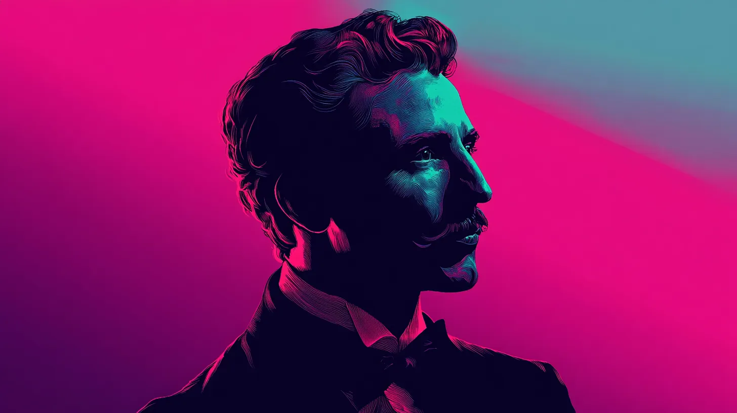 Nikola Tesla © History Oasis Nikola Tesla profile portrait in neon pink and teal line illustration