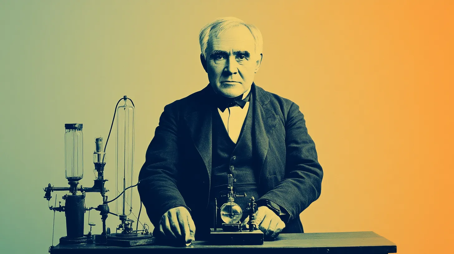 Thomas Edison © History Oasis Thomas Edison at a laboratory bench with glass vacuum tube apparatus