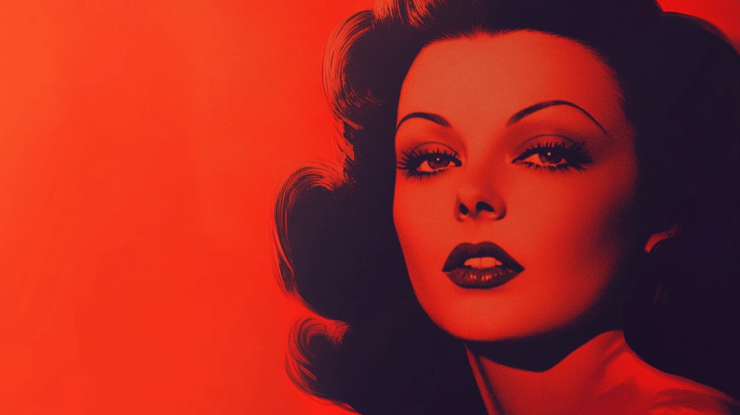1940s glamour portrait illustration © History Oasis Red duotone illustration of a 1940s film star with dark waved hair