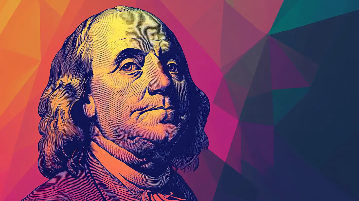 Benjamin Franklin © History Oasis Benjamin Franklin engraved banknote-style portrait on a bright geometric background