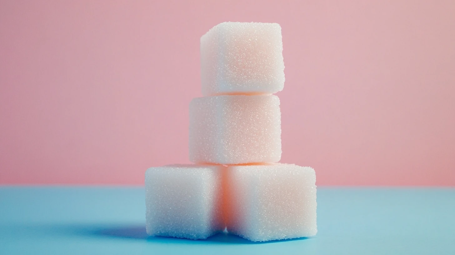 Sugar cubes © History Oasis Stack of four white sugar cubes on pink and blue background