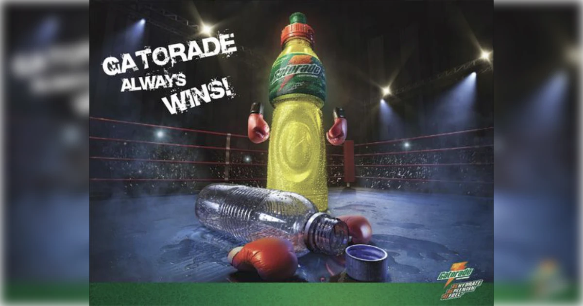 Gatorade Gatorade bottle wearing boxing gloves over a defeated rival bottle