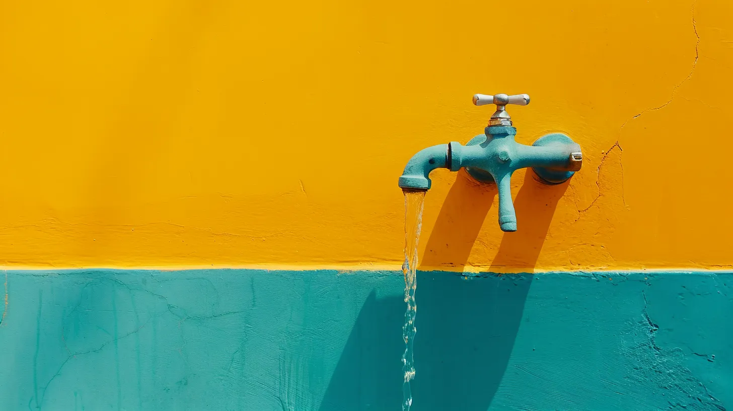 Running tap water © History Oasis Turquoise outdoor faucet running tap water against a yellow wall