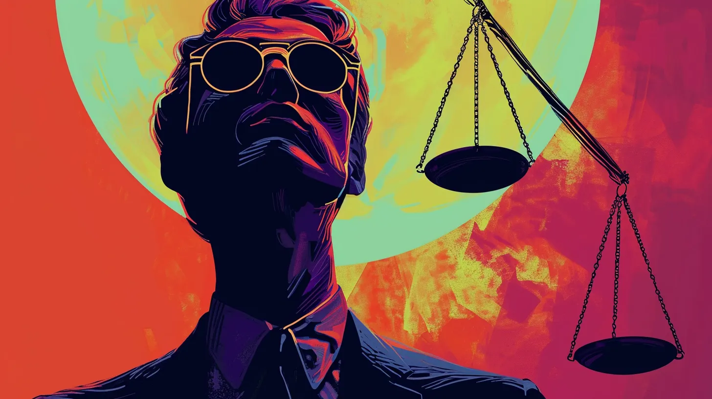 Scales of justice illustration © History Oasis Illustration of a man in sunglasses beside tilting scales of justice