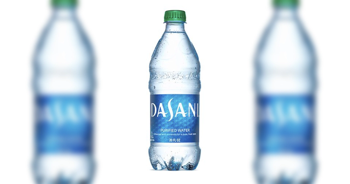 Dasani Purified Water plastic bottle with blue label and green cap