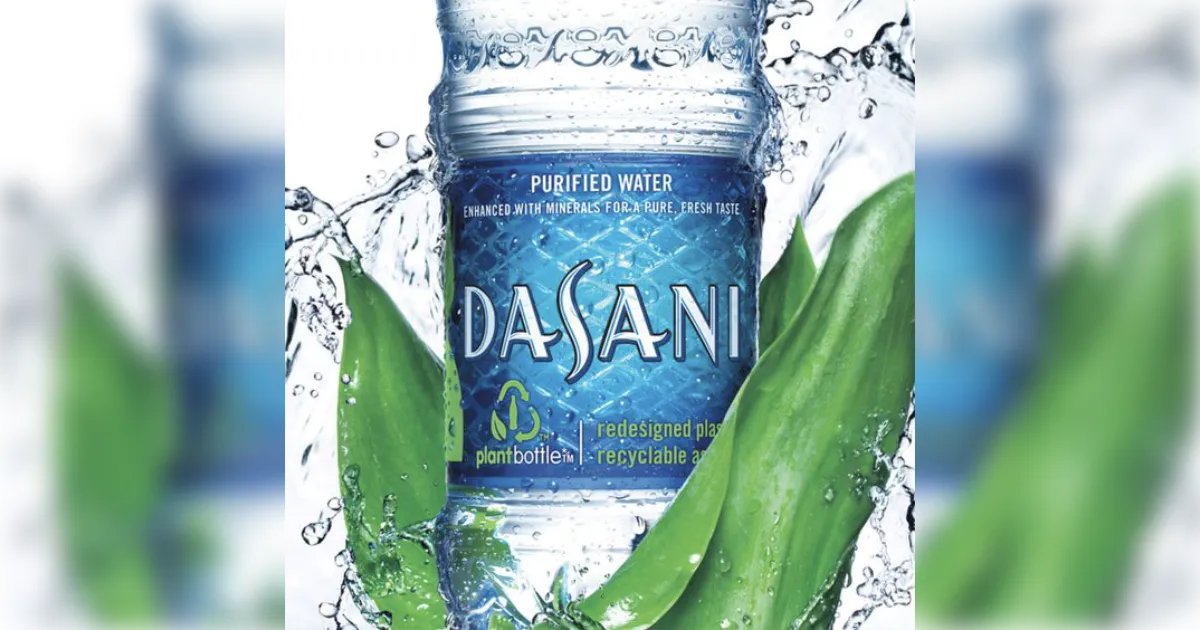 Dasani PlantBottle label closeup with water splash and green leaves