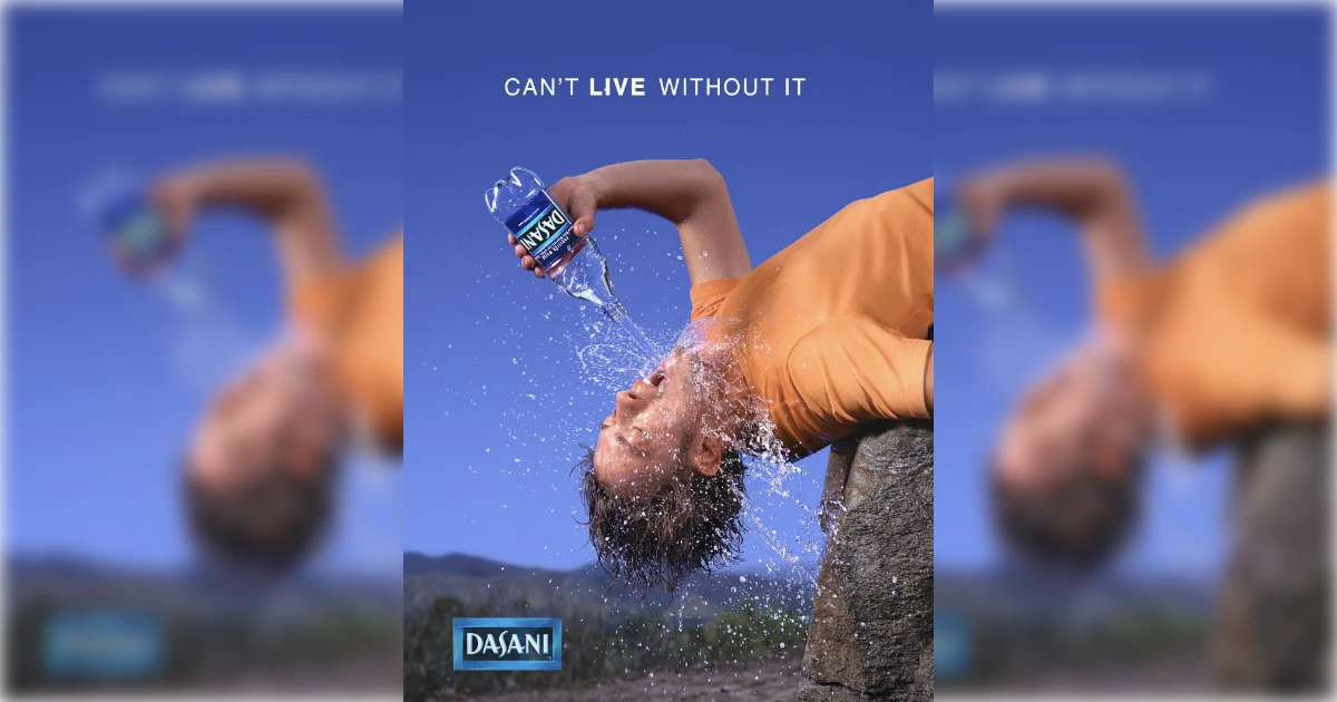 Dasani Can't Live Without It ad, boy pouring water on face