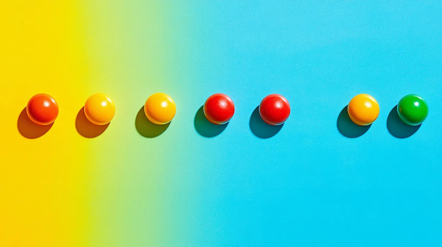 Loose Skittles candies © History Oasis Loose Skittles candies in a row on yellow and blue background