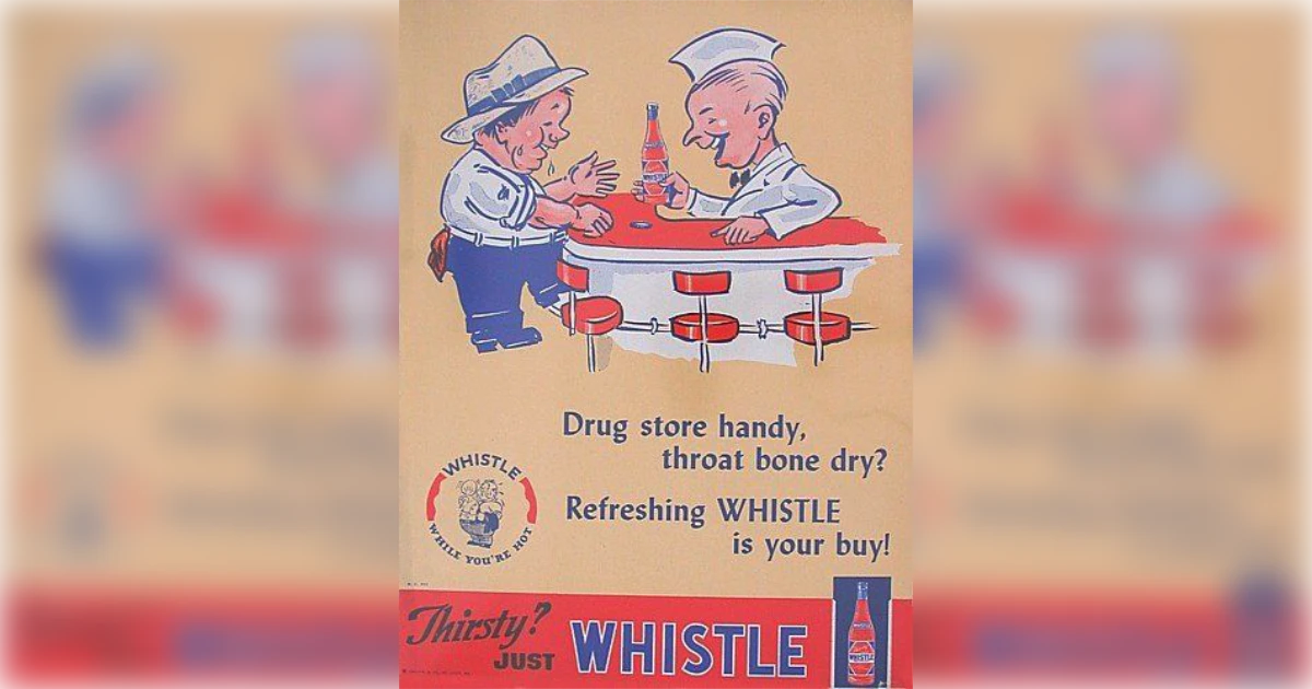 Whistle Soda Whistle soda vintage poster ad with a drugstore soda fountain cartoon