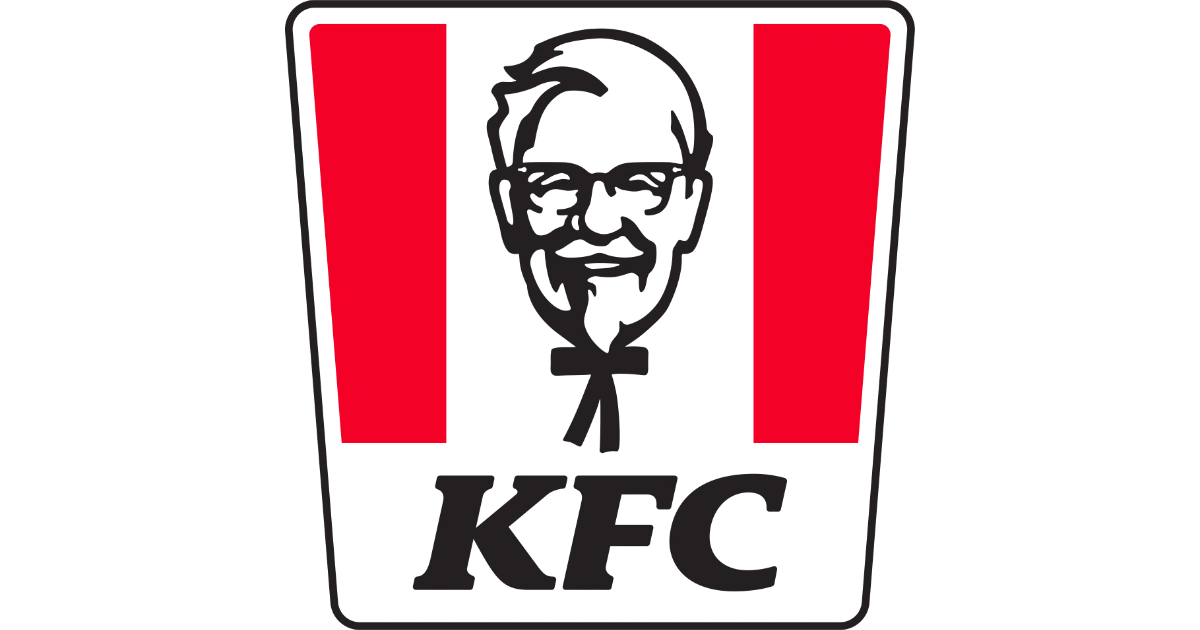 The KFC logo still wears founder Colonel Sanders's face — KFC The modern KFC logo with Colonel Sanders's face framed by red stripes