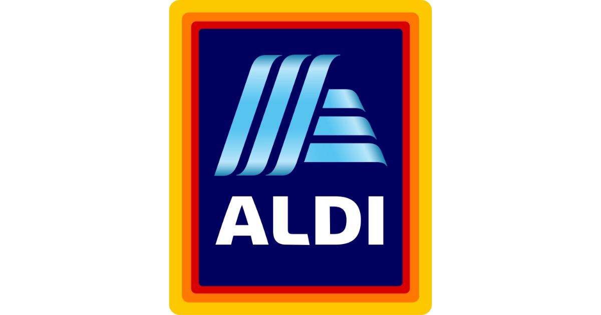 Aldi logo blue square with red and yellow border