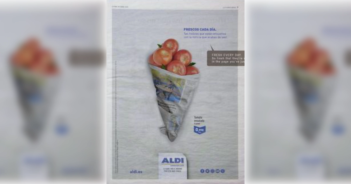 Aldi newspaper ad showing tomatoes wrapped in a paper cone
