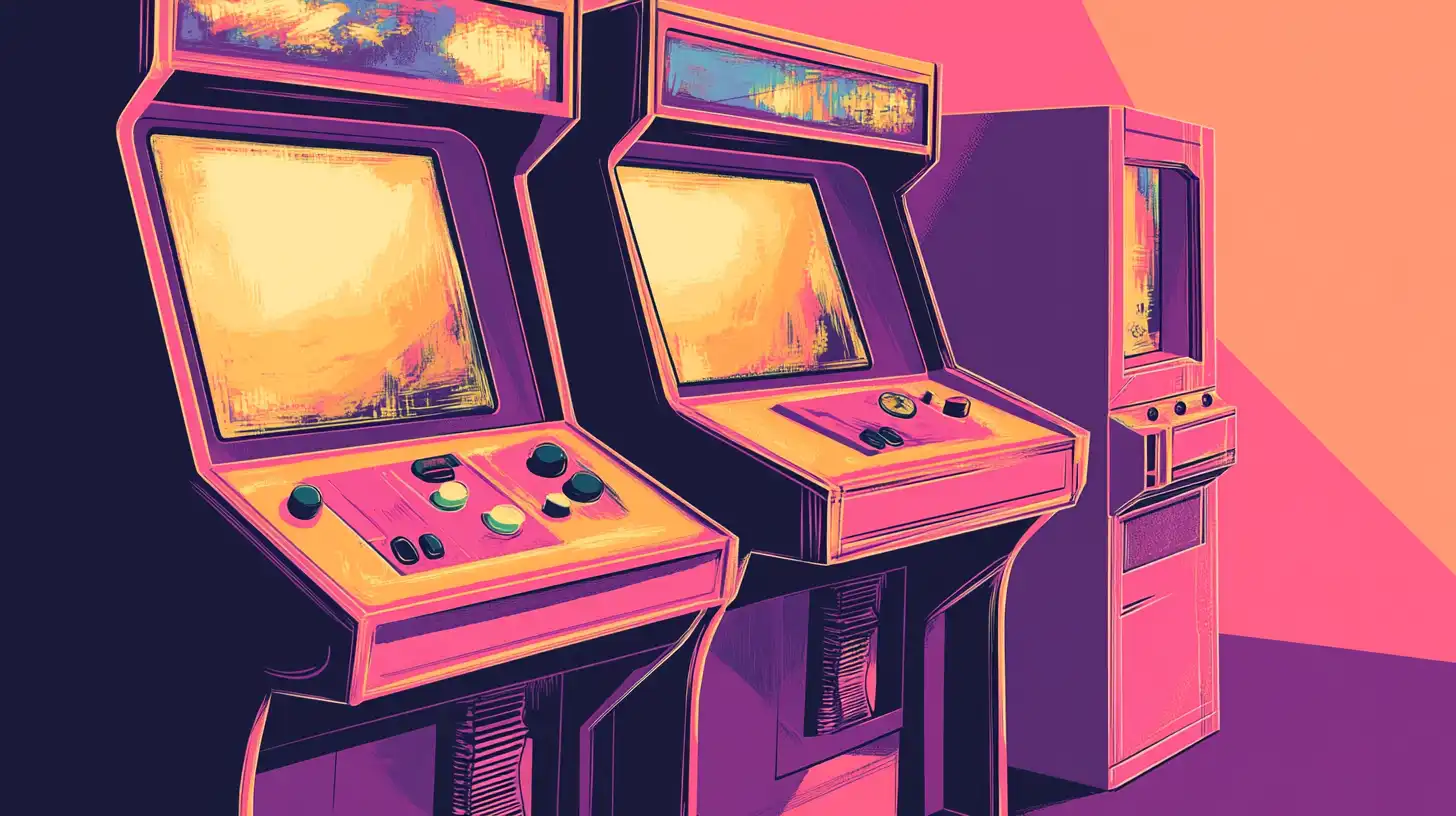 Illustration of retro arcade cabinets in pink and purple tones