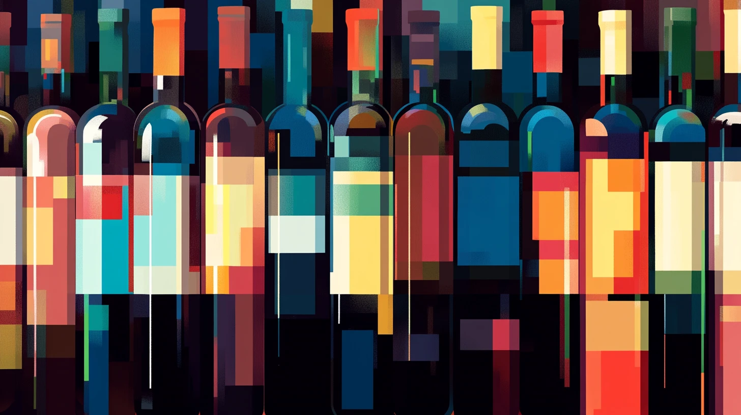Abstract illustration of a row of colorful wine bottles