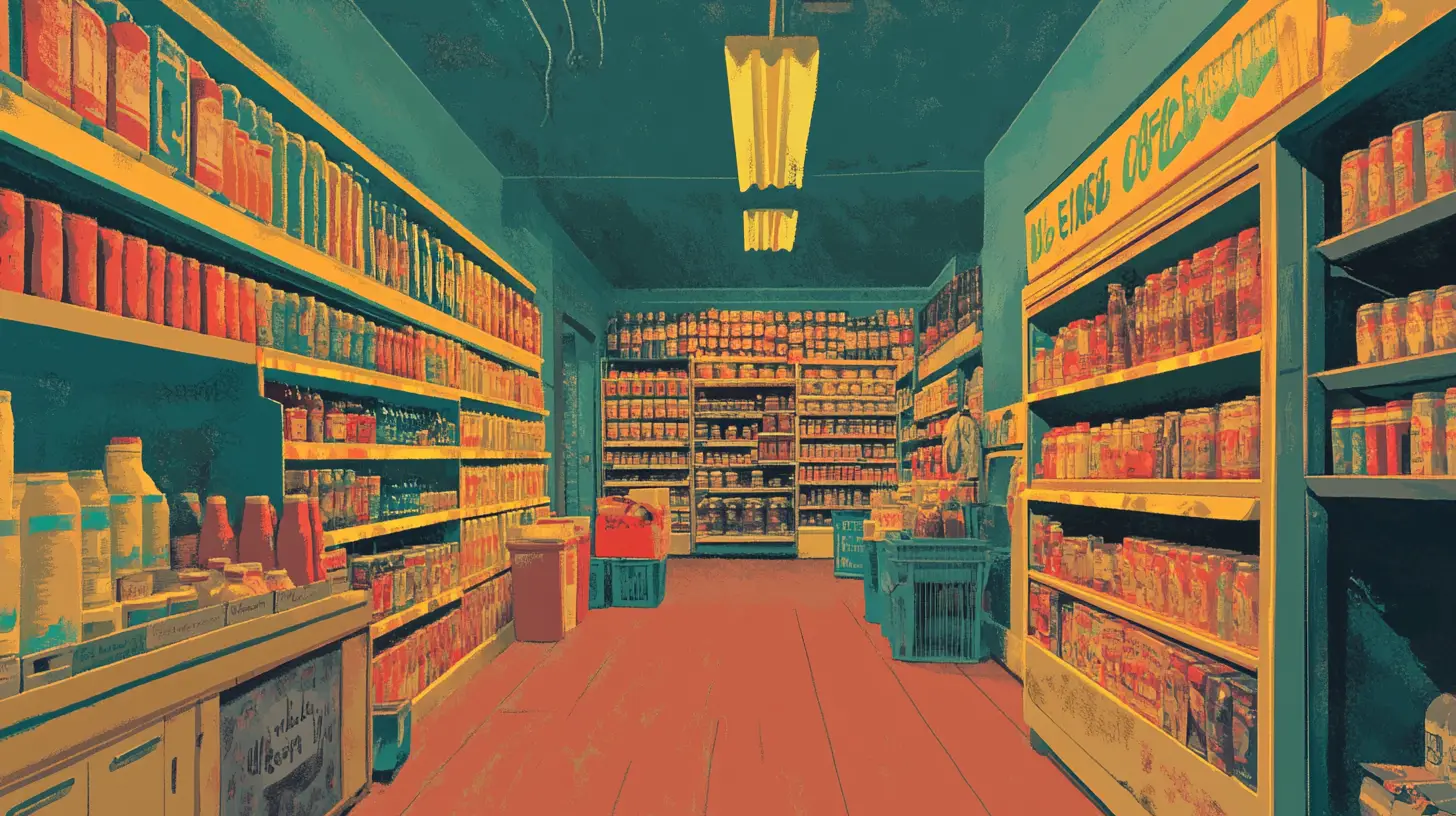 Illustration of a vintage grocery store aisle stocked with canned goods